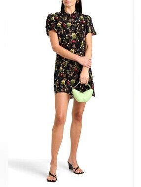 ALICE + OLIVIA Jem Black Floral Print Cupro Mini Shirt Dress Size S Org $440